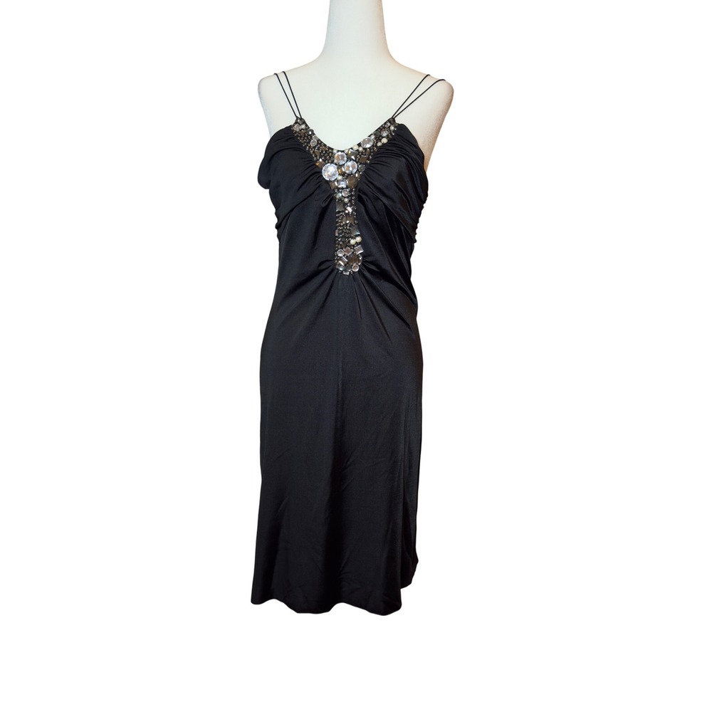 Venus Black Embellished Crystal Neckline Cocktail Dress Ruched Midi Small